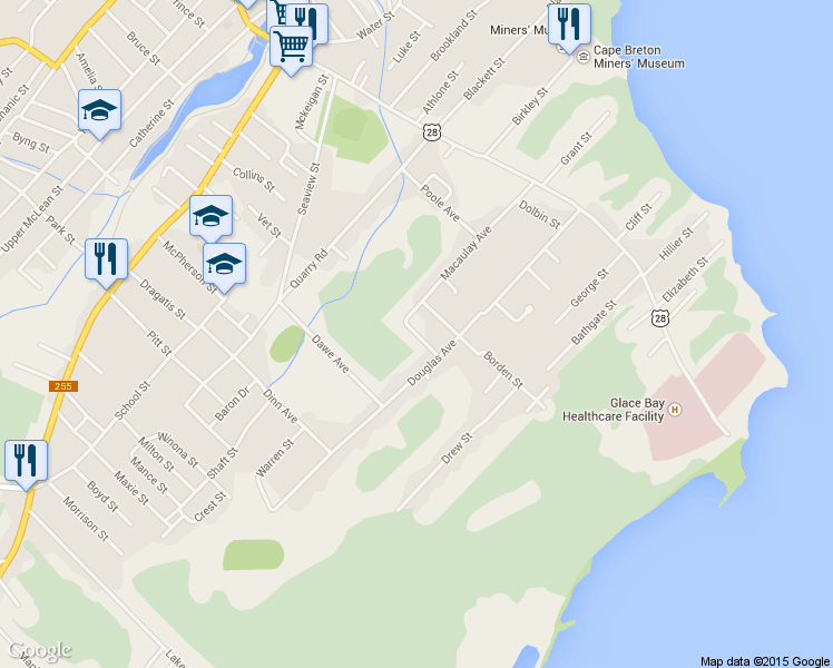 map of restaurants, bars, coffee shops, grocery stores, and more near 10 Don Gordon Street in Glace Bay