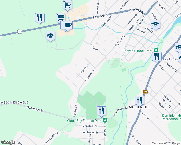 map of restaurants, bars, coffee shops, grocery stores, and more near 78 Highland Street in Glace Bay