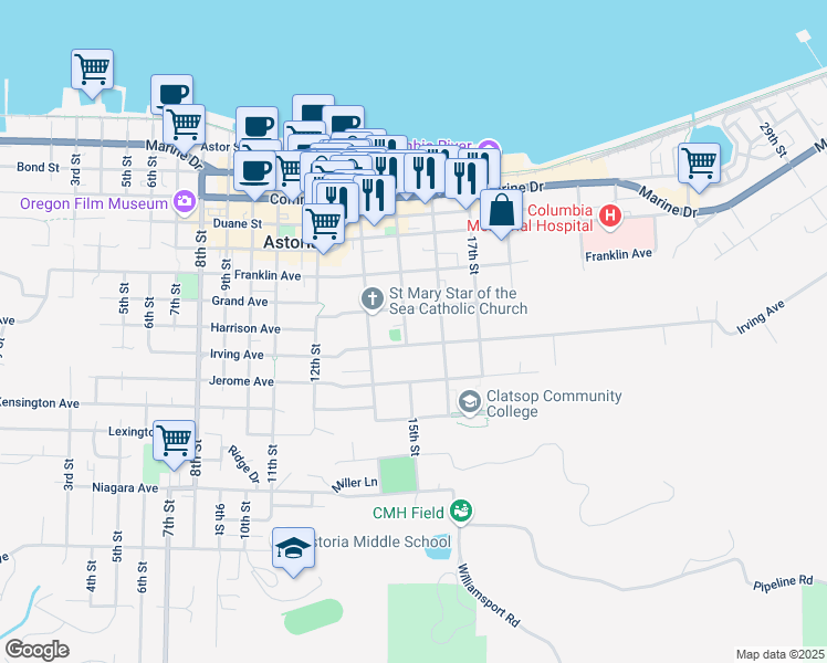 map of restaurants, bars, coffee shops, grocery stores, and more near 836 15th Street in Astoria