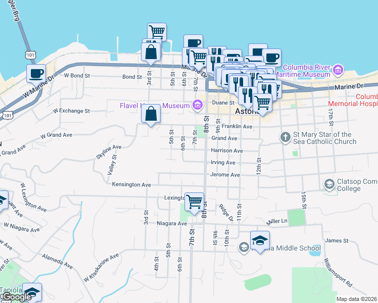 map of restaurants, bars, coffee shops, grocery stores, and more near 663 Harrison Avenue in Astoria