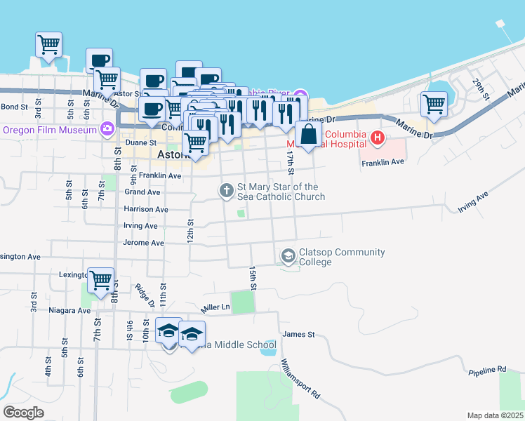 map of restaurants, bars, coffee shops, grocery stores, and more near 1513 Irving Avenue in Astoria