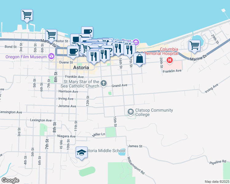 map of restaurants, bars, coffee shops, grocery stores, and more near 836 15th Street in Astoria