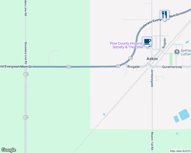 map of restaurants, bars, coffee shops, grocery stores, and more near 3402 Minnesota 23 in Askov
