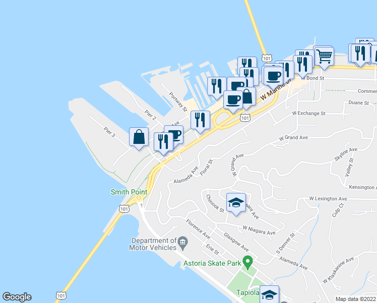 map of restaurants, bars, coffee shops, grocery stores, and more near 453 West Marine Drive in Astoria