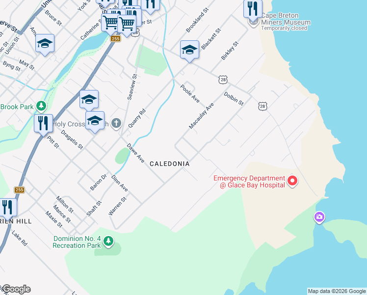 map of restaurants, bars, coffee shops, grocery stores, and more near 10 Don Gordon Street in Glace Bay