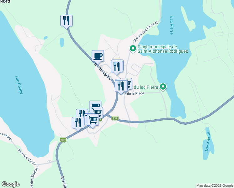 map of restaurants, bars, coffee shops, grocery stores, and more near 917 Rue Principale in Saint-Alphonse-Rodriguez