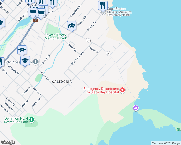 map of restaurants, bars, coffee shops, grocery stores, and more near 18 Avalon Crescent in Glace Bay