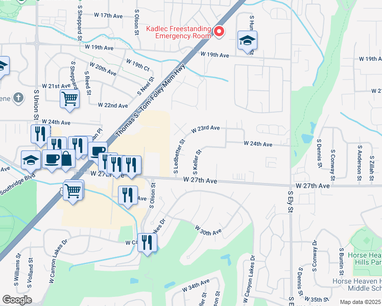 map of restaurants, bars, coffee shops, grocery stores, and more near 2401 South Ledbetter Street in Kennewick