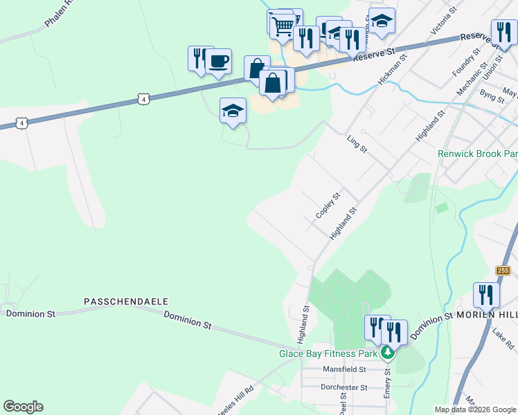 map of restaurants, bars, coffee shops, grocery stores, and more near 38 Norwood Street in Glace Bay