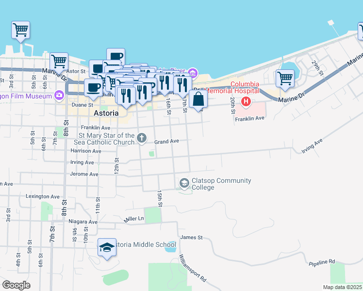 map of restaurants, bars, coffee shops, grocery stores, and more near 1626 Grand Avenue in Astoria