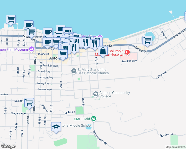 map of restaurants, bars, coffee shops, grocery stores, and more near 1643 Grand Avenue in Astoria