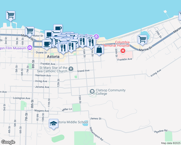 map of restaurants, bars, coffee shops, grocery stores, and more near 1661 Grand Avenue in Astoria