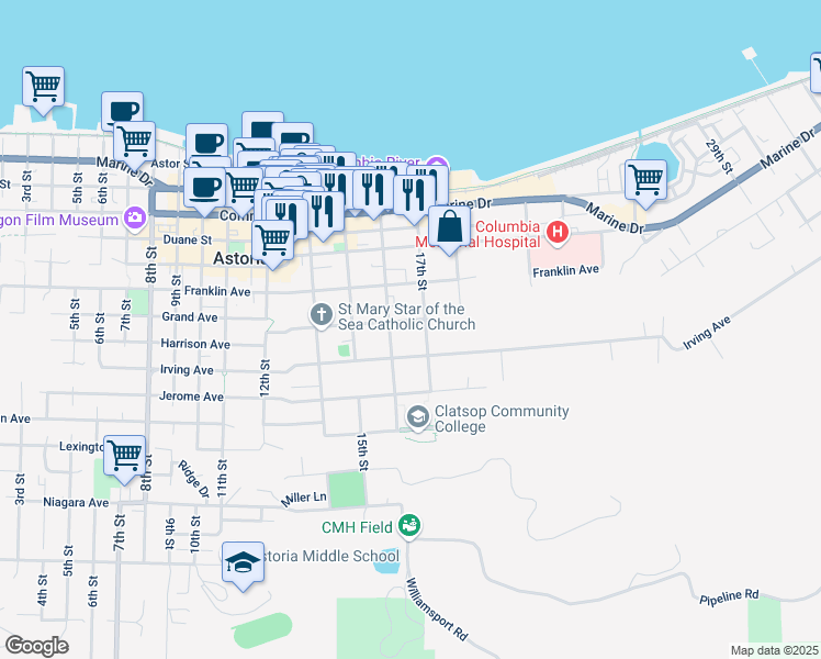map of restaurants, bars, coffee shops, grocery stores, and more near 1661 Grand Avenue in Astoria