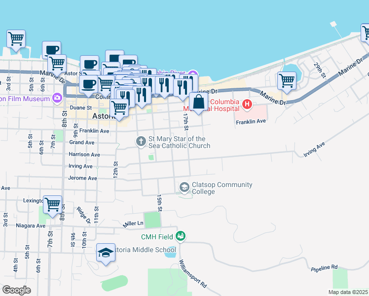 map of restaurants, bars, coffee shops, grocery stores, and more near 1687 Grand Avenue in Astoria