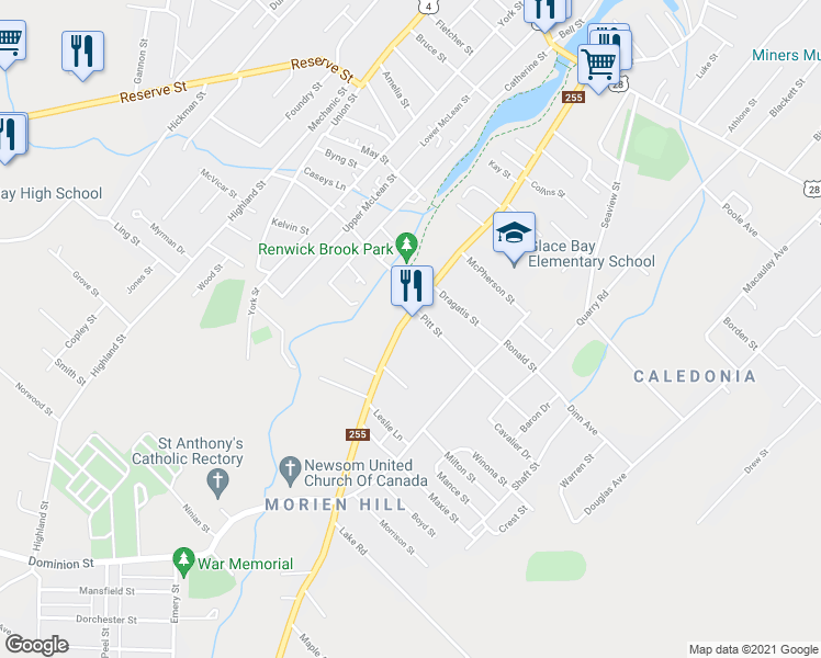 map of restaurants, bars, coffee shops, grocery stores, and more near 211 Brookside Street in Glace Bay