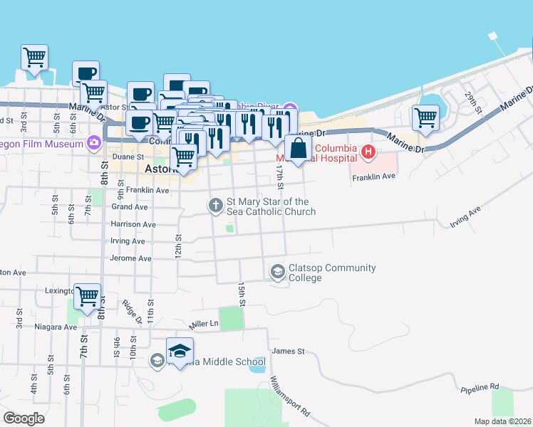 map of restaurants, bars, coffee shops, grocery stores, and more near 1626 Grand Avenue in Astoria