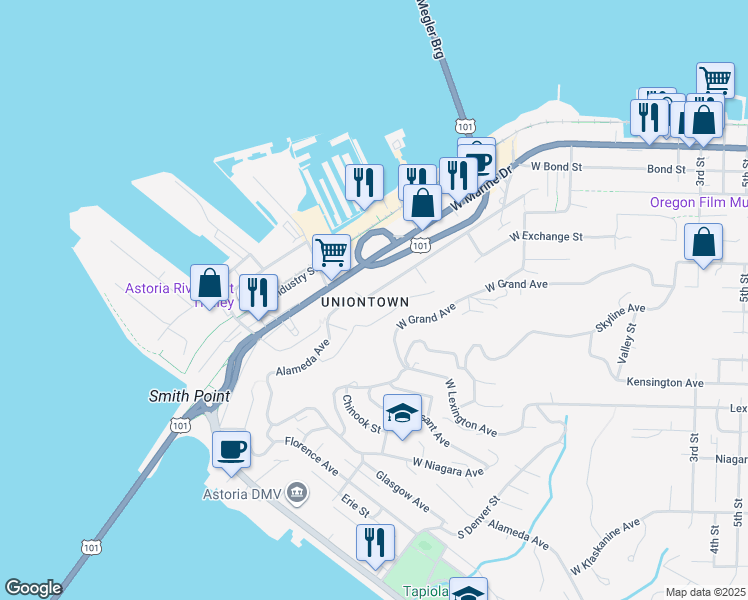 map of restaurants, bars, coffee shops, grocery stores, and more near 393 Alameda Avenue in Astoria