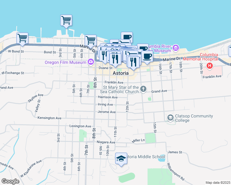 map of restaurants, bars, coffee shops, grocery stores, and more near 725 11th Street in Astoria