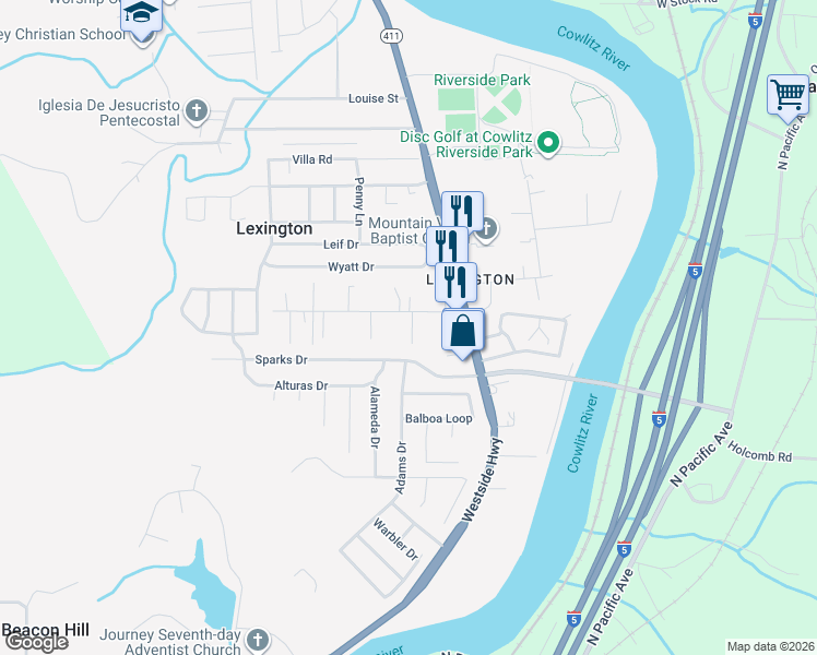 map of restaurants, bars, coffee shops, grocery stores, and more near 133 Lexington Avenue in Kelso