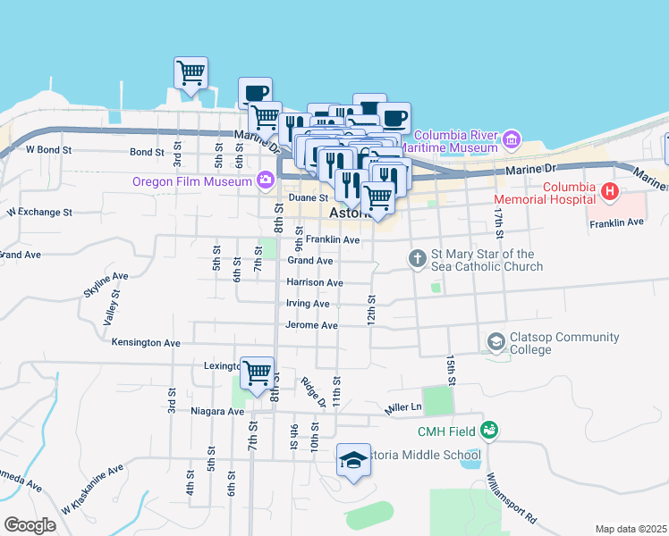 map of restaurants, bars, coffee shops, grocery stores, and more near 725 11th Street in Astoria