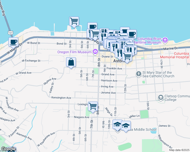map of restaurants, bars, coffee shops, grocery stores, and more near 726 7th Street in Astoria