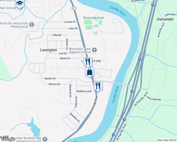 map of restaurants, bars, coffee shops, grocery stores, and more near 1512 Westside Highway in Kelso