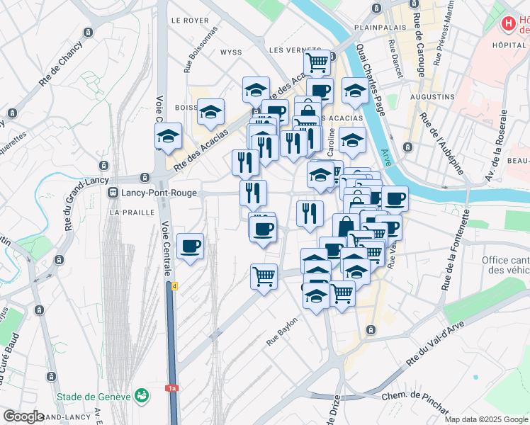 map of restaurants, bars, coffee shops, grocery stores, and more near in Carouge