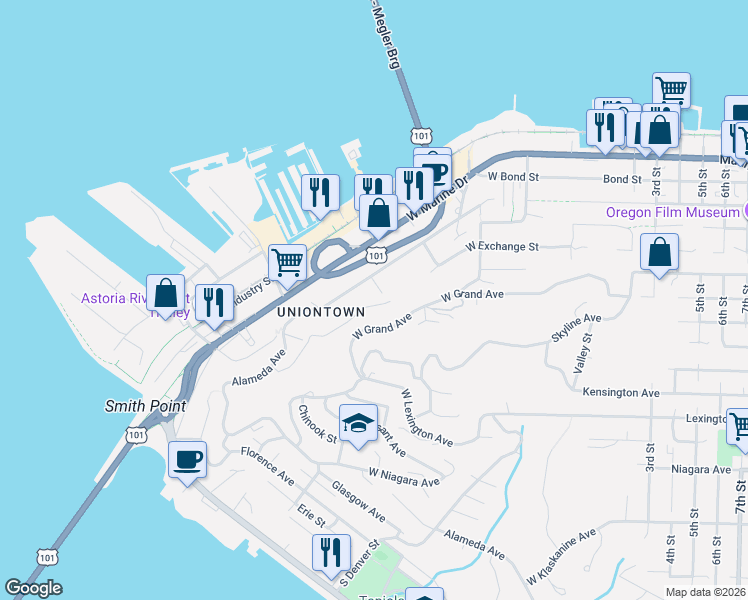 map of restaurants, bars, coffee shops, grocery stores, and more near 356 Floral Street in Astoria