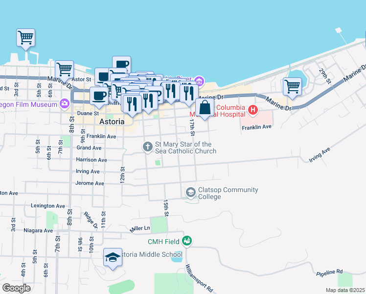 map of restaurants, bars, coffee shops, grocery stores, and more near 1626 Grand Avenue in Astoria