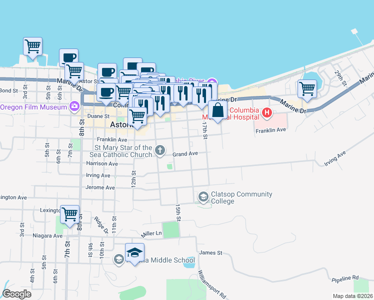 map of restaurants, bars, coffee shops, grocery stores, and more near 1626 Grand Avenue in Astoria