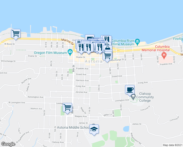 map of restaurants, bars, coffee shops, grocery stores, and more near 690 11th Street in Astoria