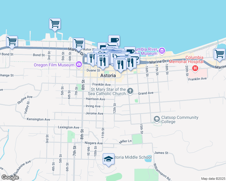 map of restaurants, bars, coffee shops, grocery stores, and more near 687 12th Street in Astoria