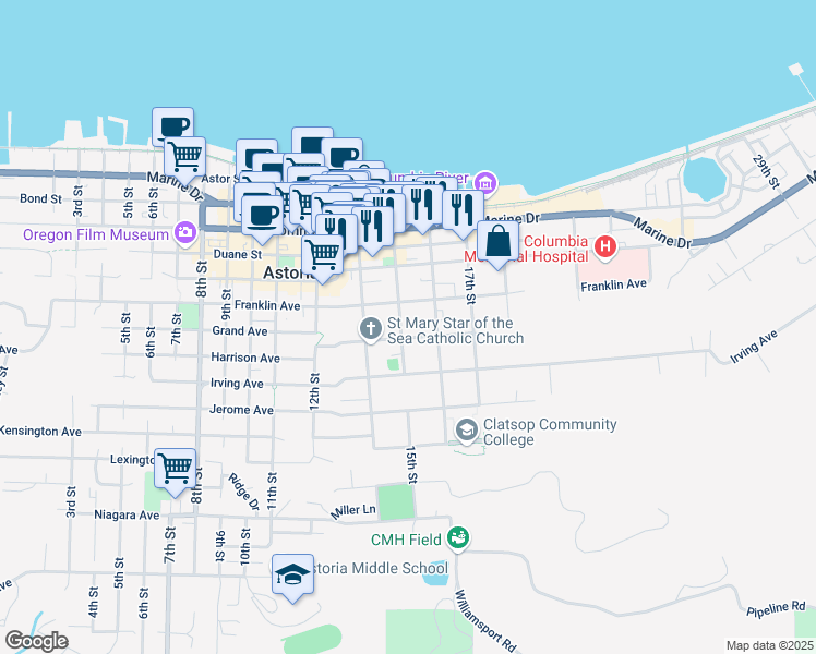 map of restaurants, bars, coffee shops, grocery stores, and more near 672 15th Street in Astoria