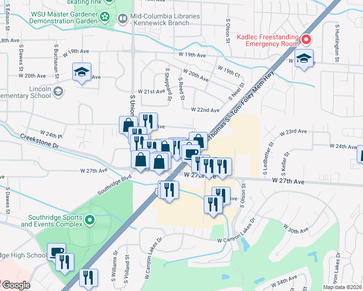 map of restaurants, bars, coffee shops, grocery stores, and more near 2611 S Quillan St in Kennewick