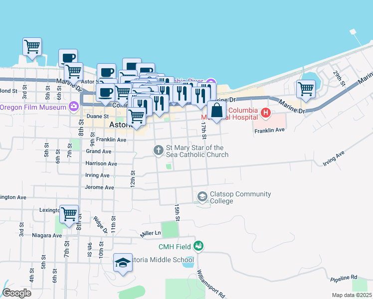 map of restaurants, bars, coffee shops, grocery stores, and more near 1626 Grand Avenue in Astoria