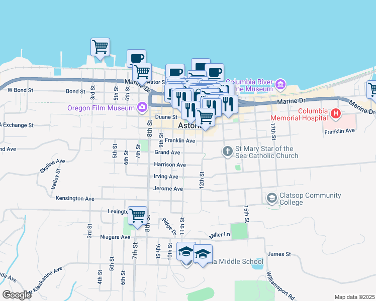 map of restaurants, bars, coffee shops, grocery stores, and more near 1154 Grand Avenue in Astoria