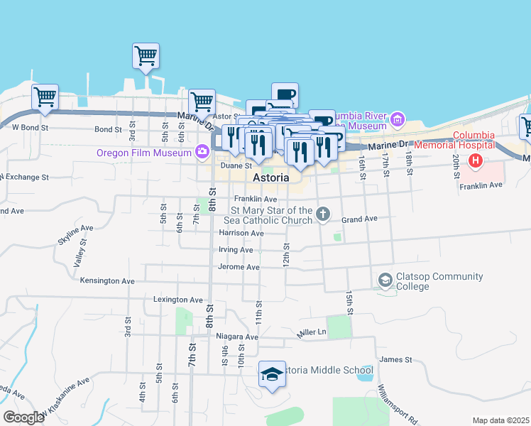 map of restaurants, bars, coffee shops, grocery stores, and more near 1154 Grand Avenue in Astoria