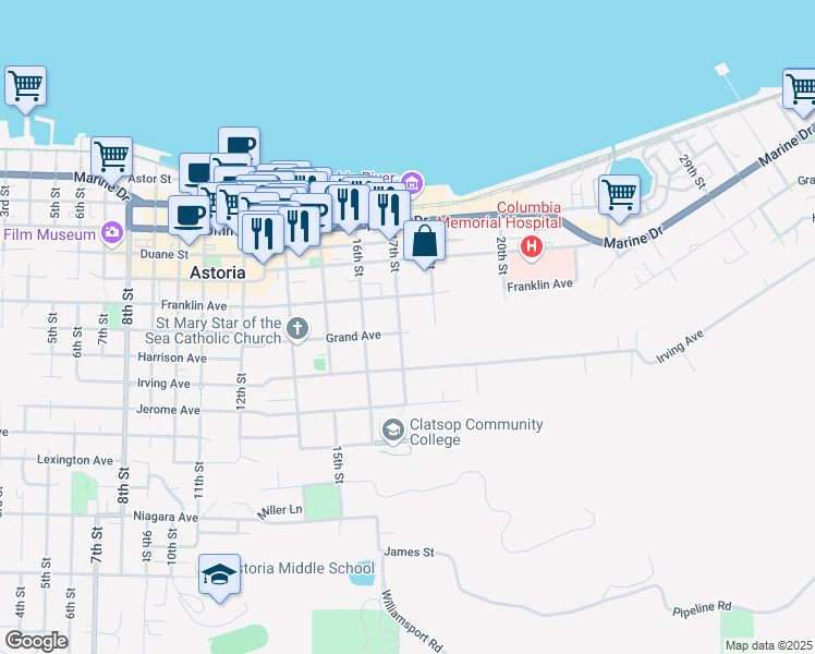 map of restaurants, bars, coffee shops, grocery stores, and more near 690 17th Street in Astoria