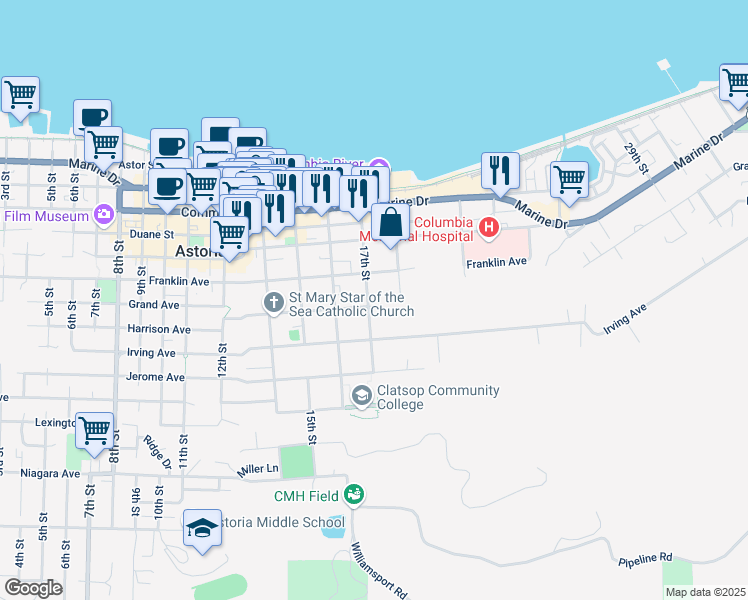 map of restaurants, bars, coffee shops, grocery stores, and more near 690 17th Street in Astoria