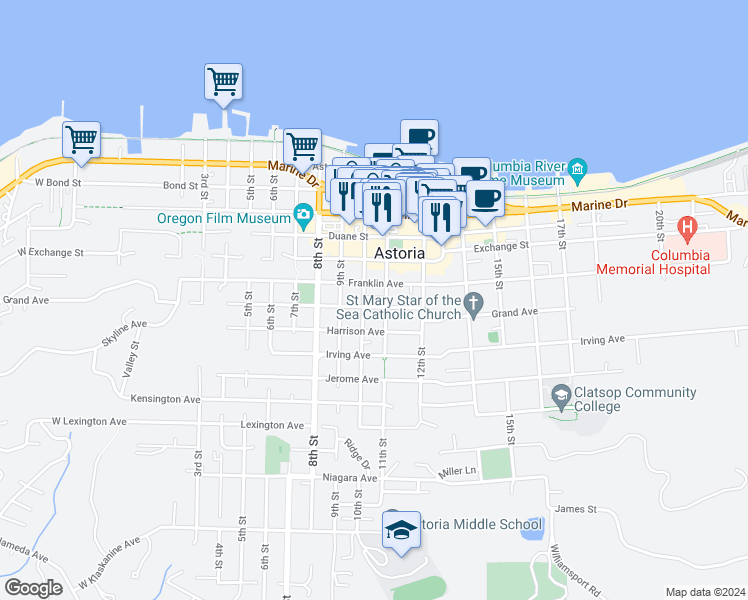 map of restaurants, bars, coffee shops, grocery stores, and more near 1046 Grand Avenue in Astoria
