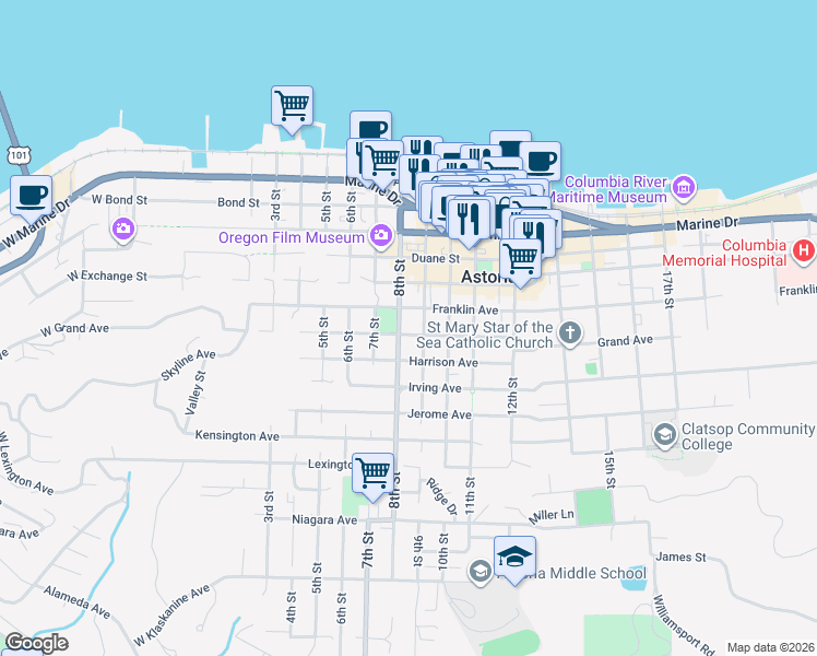 map of restaurants, bars, coffee shops, grocery stores, and more near 653 9th Street in Astoria