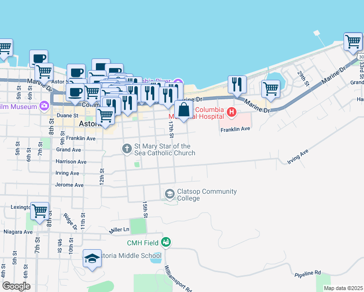 map of restaurants, bars, coffee shops, grocery stores, and more near 1766 Grand Avenue in Astoria