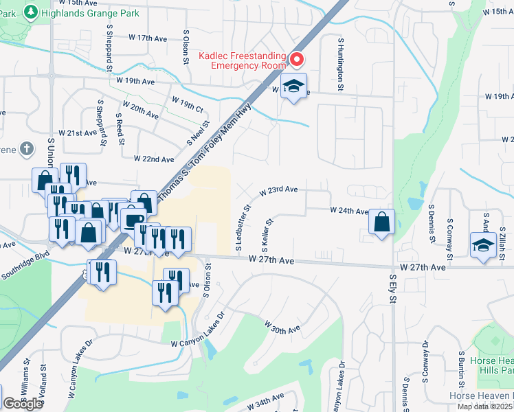 map of restaurants, bars, coffee shops, grocery stores, and more near 2401 South Ledbetter Street in Kennewick