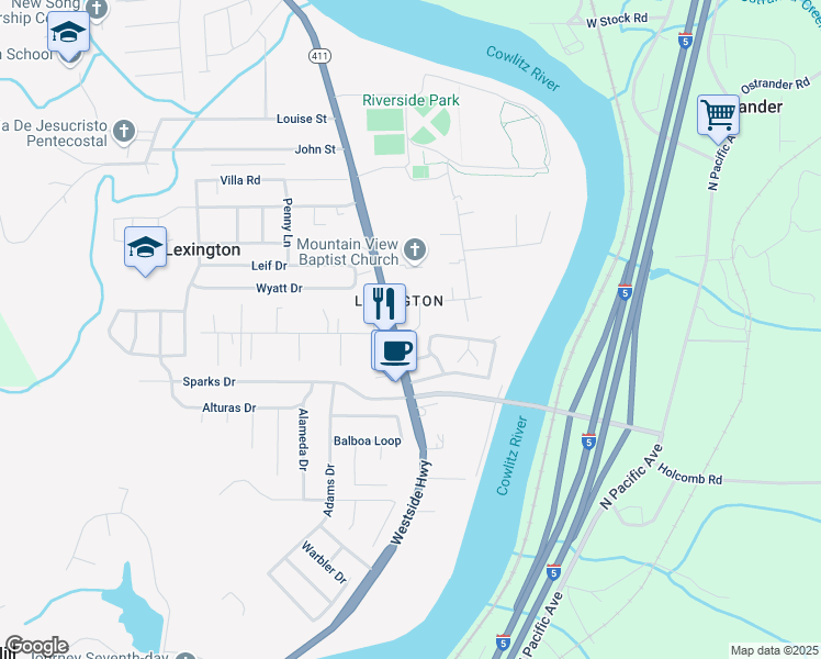 map of restaurants, bars, coffee shops, grocery stores, and more near 1512 Westside Hwy in Kelso