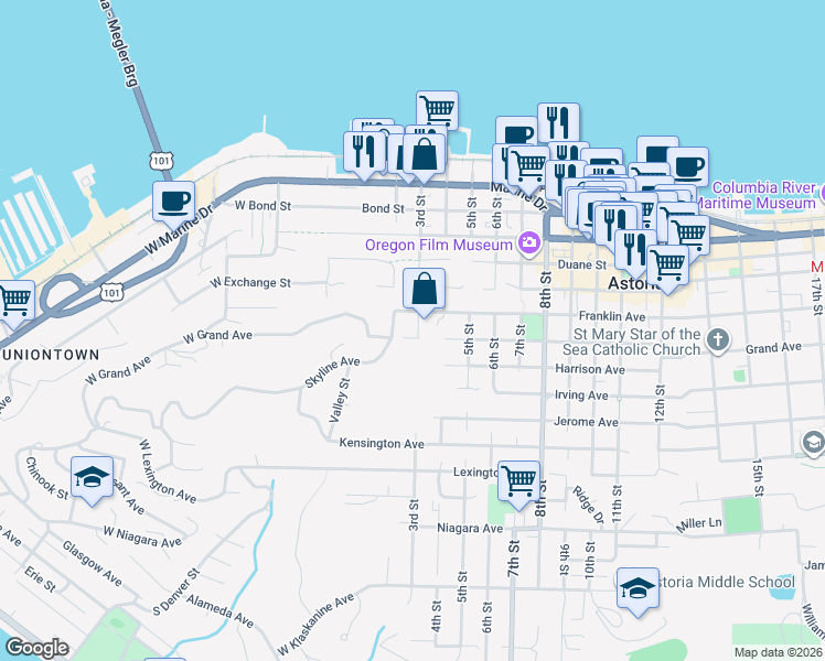 map of restaurants, bars, coffee shops, grocery stores, and more near 280 Grand Avenue in Astoria