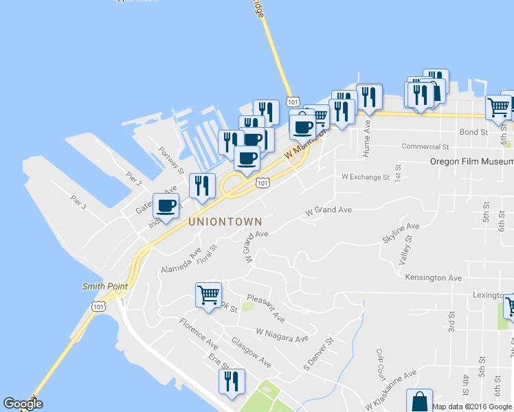map of restaurants, bars, coffee shops, grocery stores, and more near 361 Alameda Avenue in Astoria