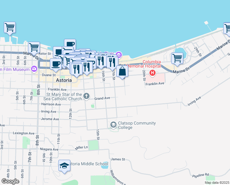 map of restaurants, bars, coffee shops, grocery stores, and more near 1766 Grand Avenue in Astoria