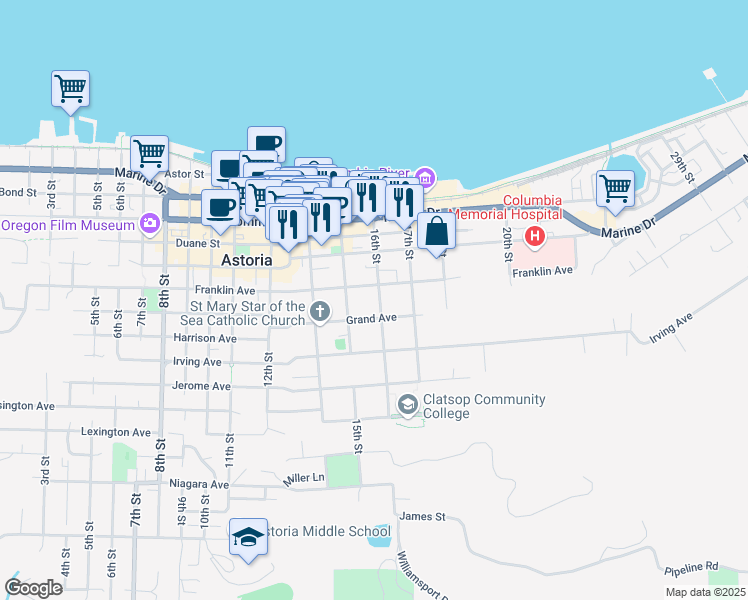map of restaurants, bars, coffee shops, grocery stores, and more near 672 15th Street in Astoria
