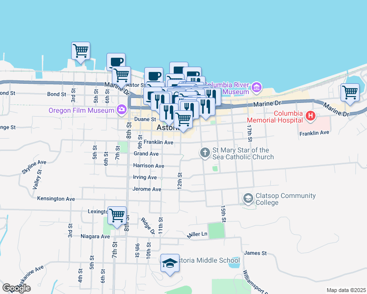 map of restaurants, bars, coffee shops, grocery stores, and more near 1289 Franklin Avenue in Astoria