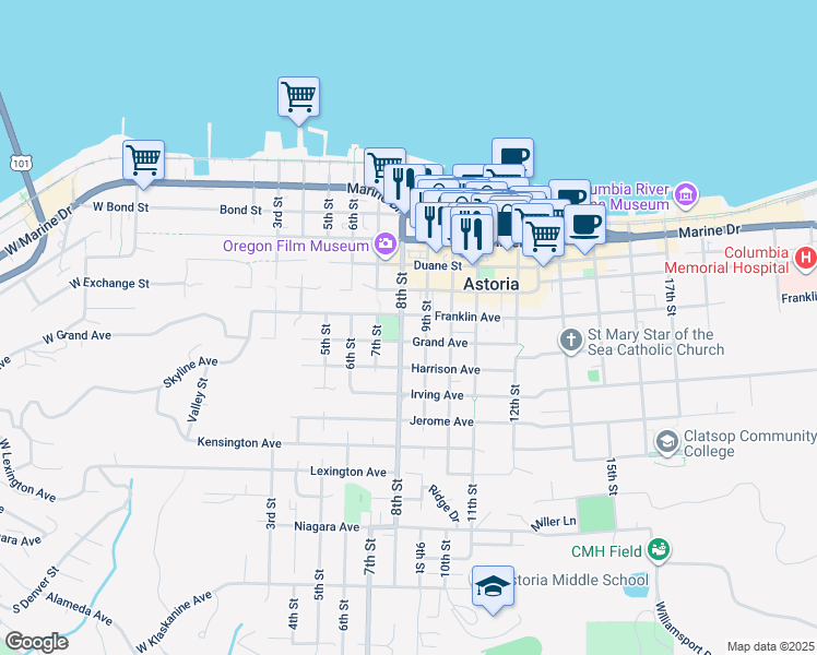 map of restaurants, bars, coffee shops, grocery stores, and more near 653 9th Street in Astoria